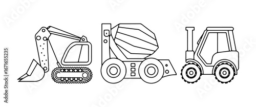 Construction equipment lineup featuring an excavator, concrete mixer, and tractor on a simple background