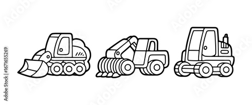Construction vehicles working together on a site during daylight hours to complete a building project