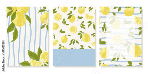 Summer Backgrounds With Marine Motifs With Lemons and A Blue Stripe. Vector Templates for postcards, invitations, posters and prints.