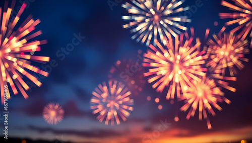 Blurred, vibrant fireworks exploding in the twilight sky.