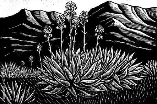 Aloe cactus blooming near rocky hills, rare combination of flowering plants and desert stones, inspiring survival scene, black and white sketch