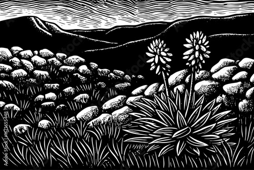 Aloe cactus blooming near rocky hills, rare combination of flowering plants and desert stones, inspiring survival scene, black and white sketch