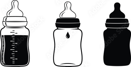 Baby feeding bottles vector set in black and white, empty and filled baby bottle icons, minimalist infant feeding illustration