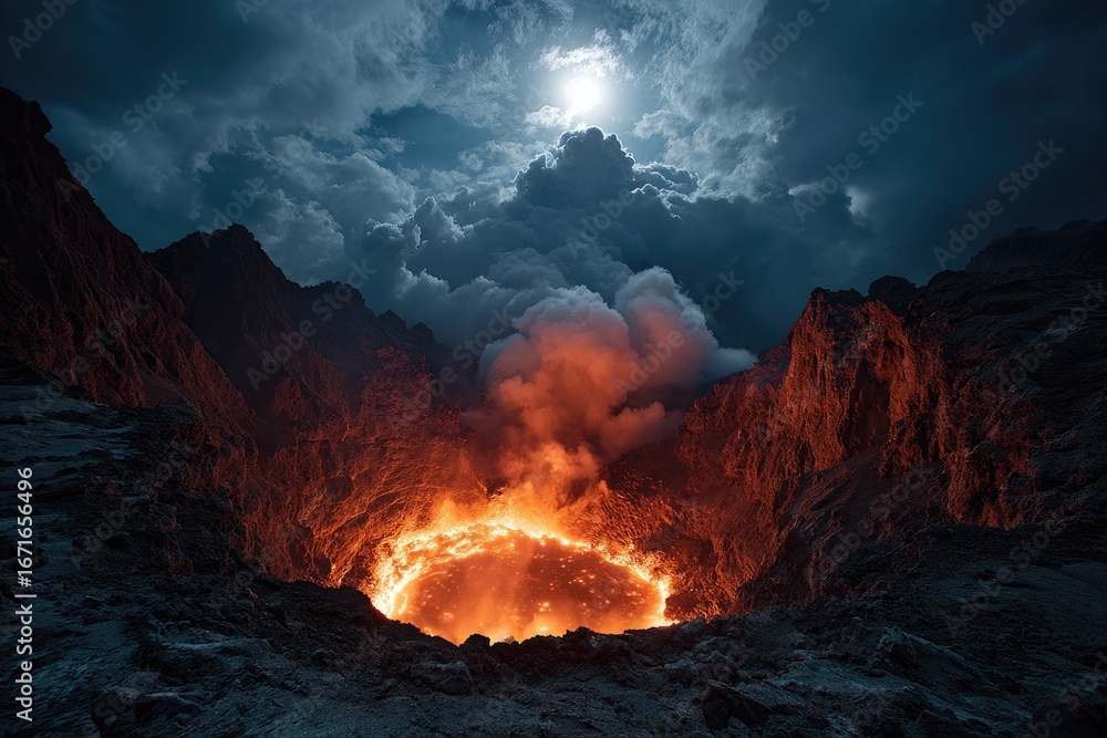 Fototapeta premium A fiery volcanic crater at night, encircled by molten lava, under a dramatic sky