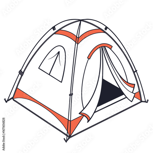 A simple illustration of a white camping tent with orange accents and an open entrance