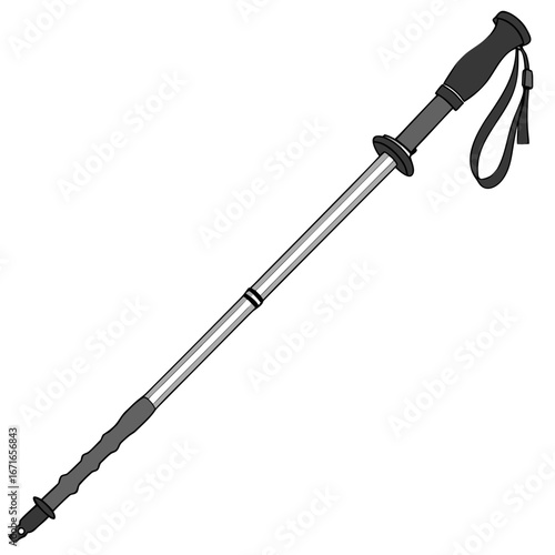 A single adjustable hiking or trekking pole with a comfortable grip and wrist strap isolated on white