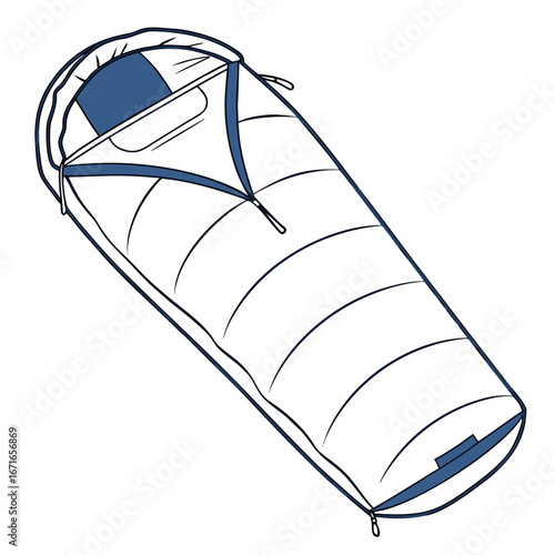 Clean line art illustration of a closed sleeping bag with blue accents on a white background