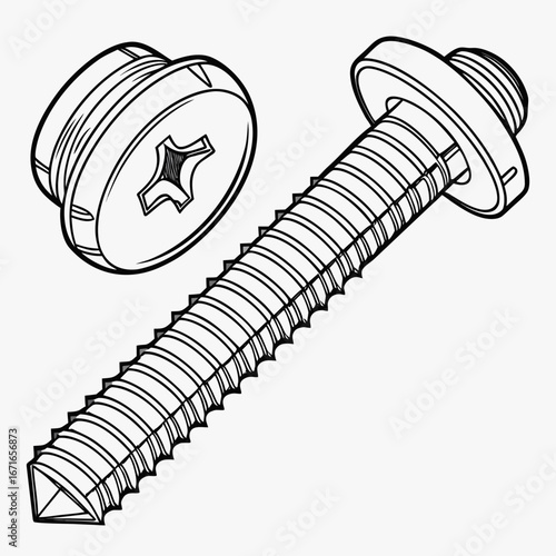 Close up illustration of a metal screw with a wide flange head and a separate matching screw head