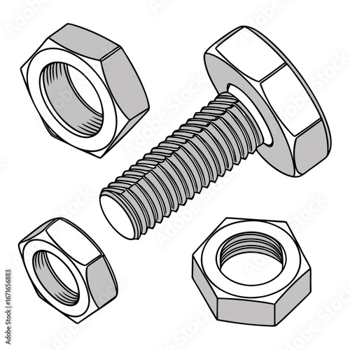 Close up isometric view of a bolt with three nuts on a white background