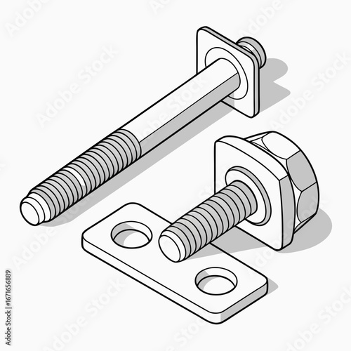Close up isometric view of a carriage bolt and a hex bolt with a nut and plate illustration