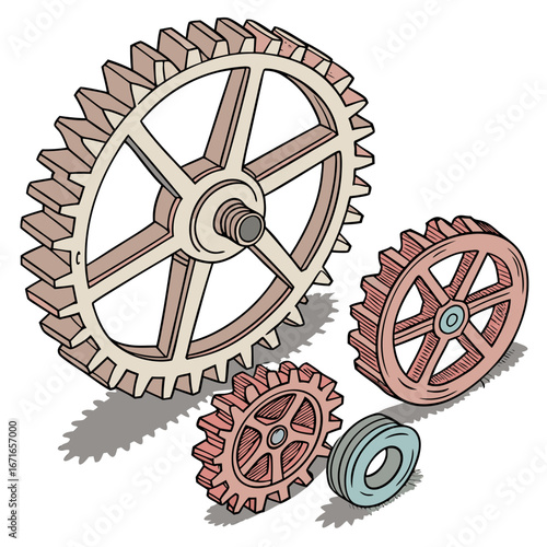 Collection of various sized gears and a pulley wheel with a vintage illustration style on a white background