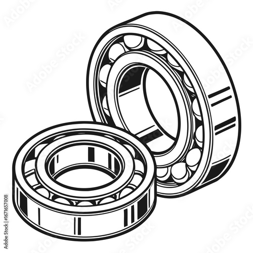 Detailed black and white illustration of two ball bearings on a white background
