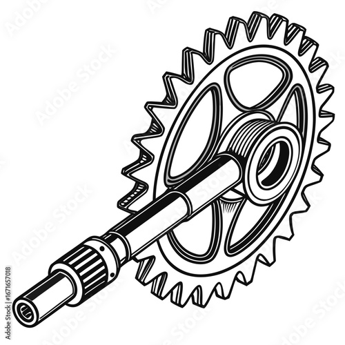 Detailed black and white illustration of a bicycle crankset with a single chainring and crank arm