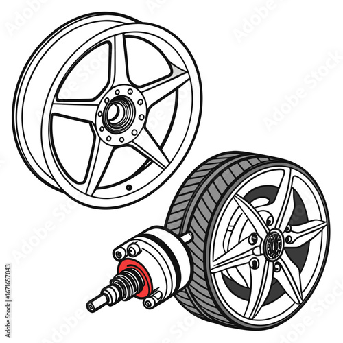 Detailed illustration of a car wheel and tire assembly with a highlighted brake caliper component