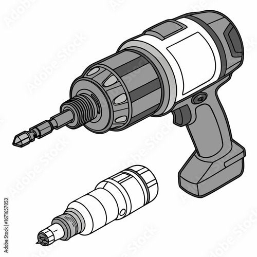 Detailed illustration of a cordless power drill with a screwdriver bit and a separate drill bit on a white background