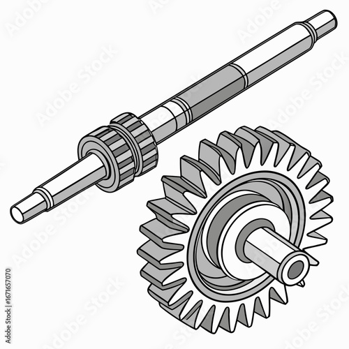Detailed illustration of a mechanical shaft with bearings and a separate gear wheel on a white background