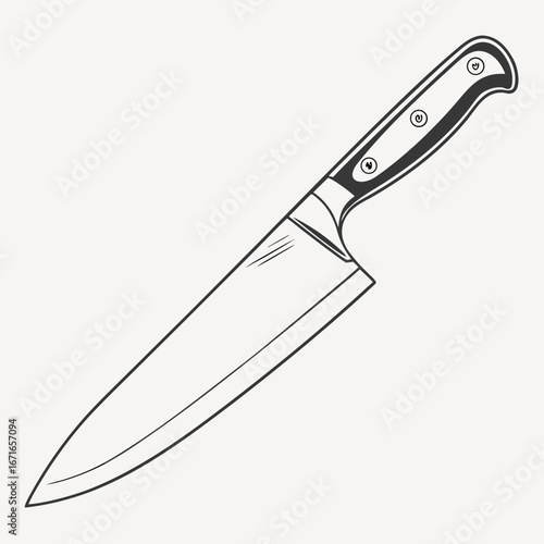Detailed illustration of a professional chef s knife with a sharp blade and ergonomic handle
