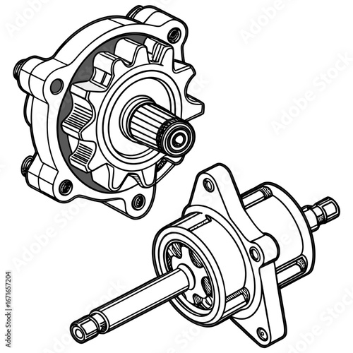Detailed isometric line drawing of two internal gear pumps with shafts and mounting flanges on a white background