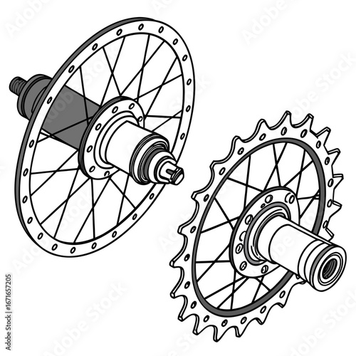 Detailed isometric illustration of bicycle hub and sprocket components on a white background