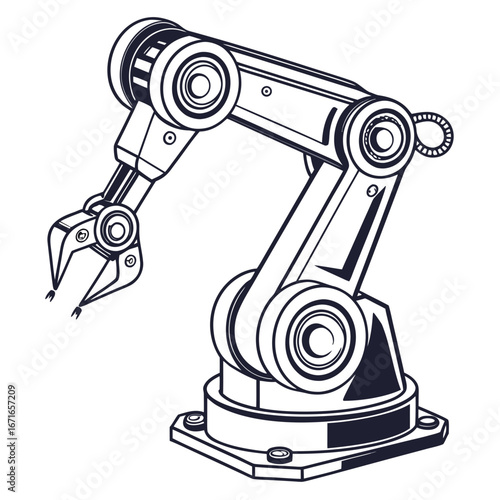 Detailed line art illustration of a robotic arm with a gripper on a white background