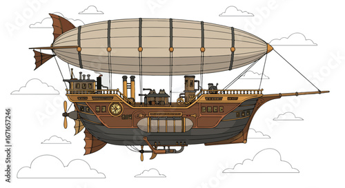 Blimp Sailing Across Sky A Steampunk Illustration of Airship in the Clouds