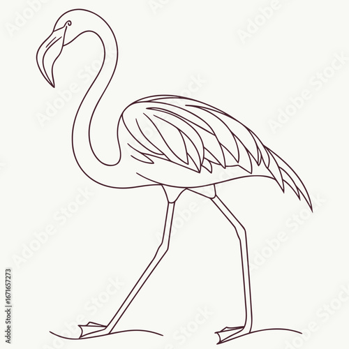 Elegant flamingo line art drawing standing gracefully on a light neutral background