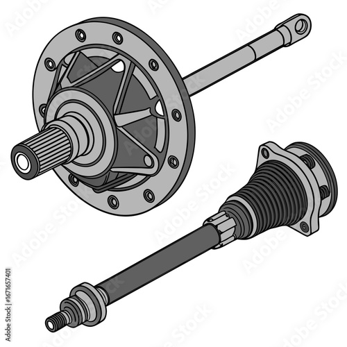 Illustration of automotive cv joint and driveshaft components with splined ends and mounting flanges