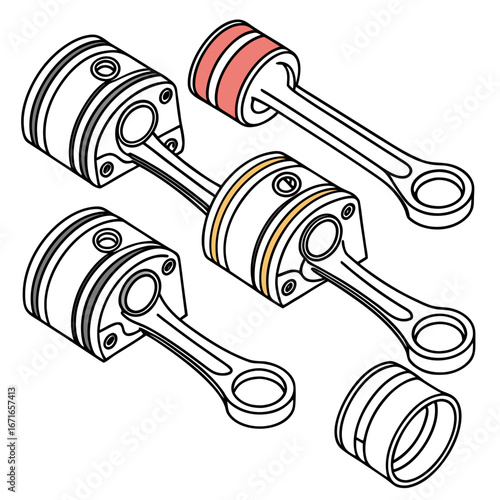 Illustration of internal combustion engine pistons and connecting rods with highlighted piston rings