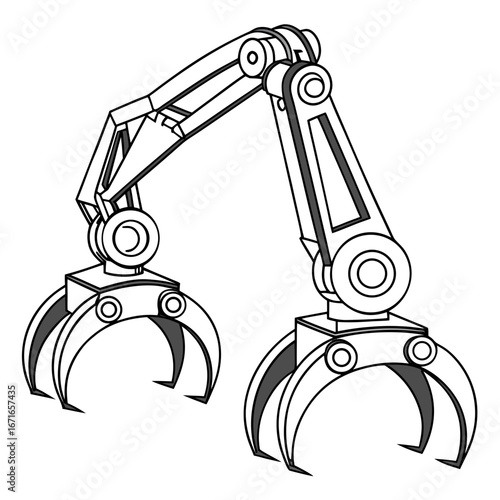 Industrial robotic arm with two articulated claws ready for automated manufacturing and heavy lifting tasks