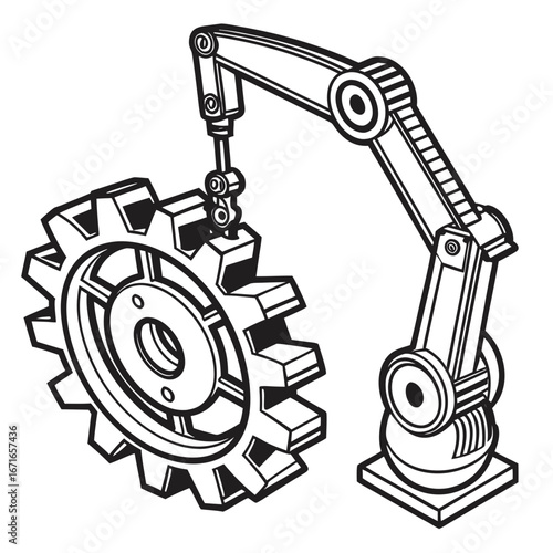 Industrial robotic arm precisely placing a large gear into position for manufacturing assembly