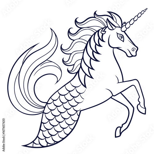 Mythical hippocampus unicorn creature with horse front and fish tail in outline style