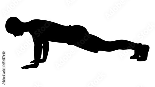 Silhouette of Push-up: An athletic person performs a push-up, body in a straight line, emphasizing physical strength and fitness goals.