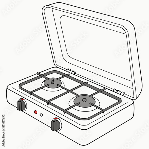 Portable two burner gas stove with open lid and control knobs isolated on white background