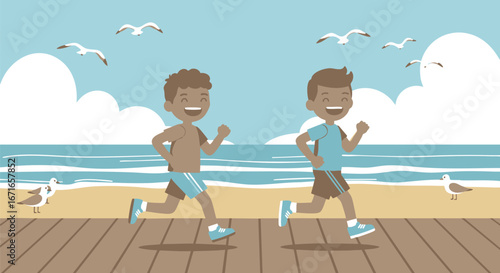 Two young boys happily jogging on a boardwalk next to the ocean with seagulls flying overhead