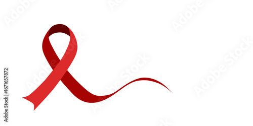Red ribbon on white background, symbol of fight against cancer. Banner template for world hiv day, awareness and support with space for text