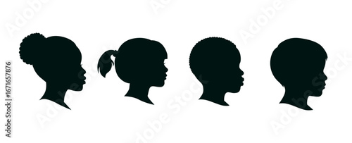 Silhouettes of children's heads in black on a white background. Clip art banner for creating concepts about child protection, childhood trauma and psychological problems, learning and growing up.