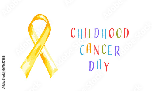Gold or yellow ribbon on white background with text Childhood Cancer Day. Vector banner template for international childhood cancer awareness month, about hope and faith.