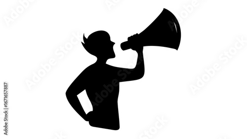 Loud Announcement: Silhouette of a person using a megaphone, with strong shadow against a smooth area representing a powerful message and announcement.