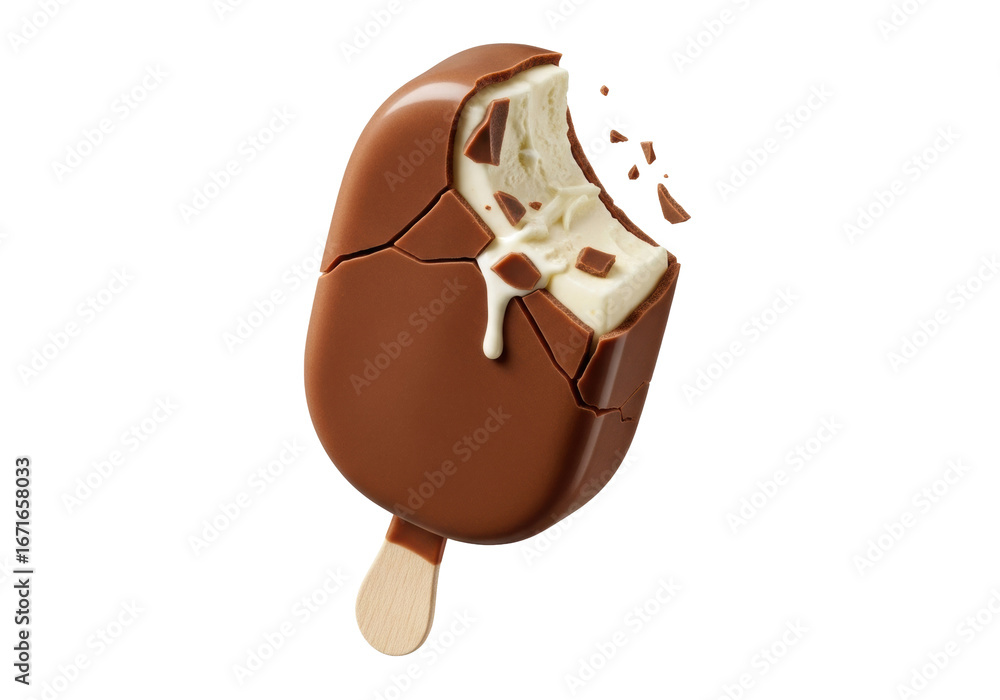 Obraz premium Extreme macro of a decadent vanilla ice cream bar with a perfect bite taken out, glossy fractured chocolate shell, melting creamy interior, light wooden stick, isolated on a transparent background,