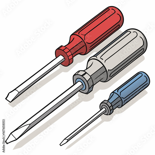 Three flathead screwdrivers with red gray and blue handles arranged diagonally on a white background