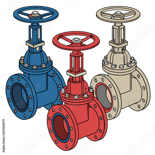 Three industrial gate valves in blue red and beige with hand wheels and flanges on white background