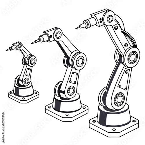 Three industrial robotic arms of varying sizes with articulated joints and pointed ends on white background