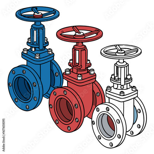 Three industrial flanged gate valves in blue red and outline on a white background