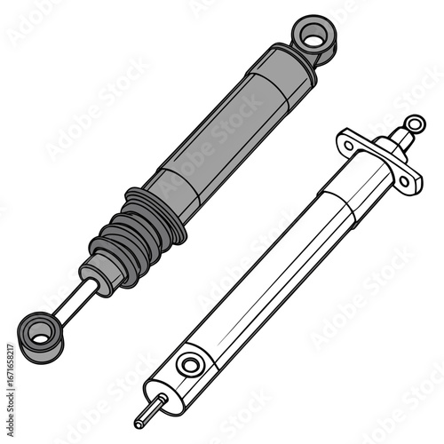 Two hydraulic cylinders shown side by side one with a bellows and eyelet the other with a mounting flange