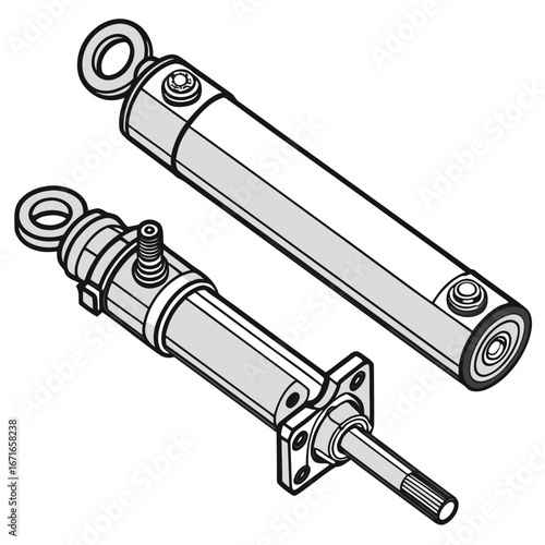 Two hydraulic cylinders with clevis mounts and a flanged mount with a splined shaft