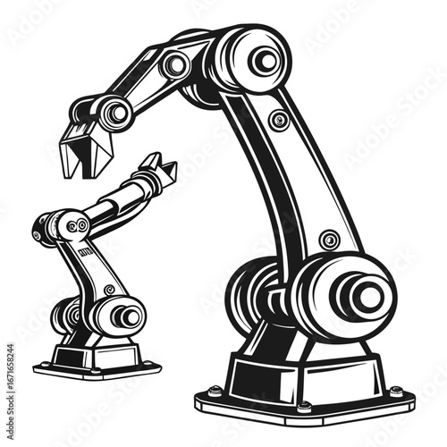 Two industrial robotic arms with articulated joints and grippers in a stark black and white illustration