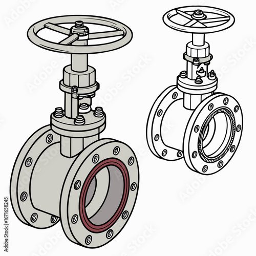 Two industrial flanged gate valves shown in isometric view with one colored and one line drawing
