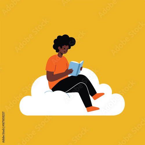 Reading Person Sitting on Cloud Isolated on Yellow Background