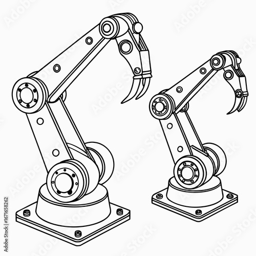 Two industrial robotic arms with articulated joints and gripper claws shown in a clean line drawing style