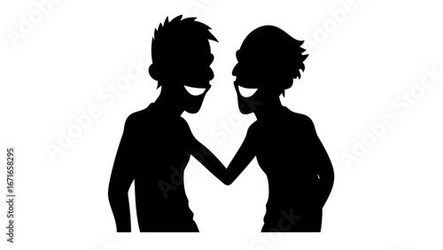 Silhouette of Collaboration: Two figures, connected at the forearms, display a shared moment of joy and camaraderie against an invisible backdrop, epitomizing the essence of unity and teamwork.